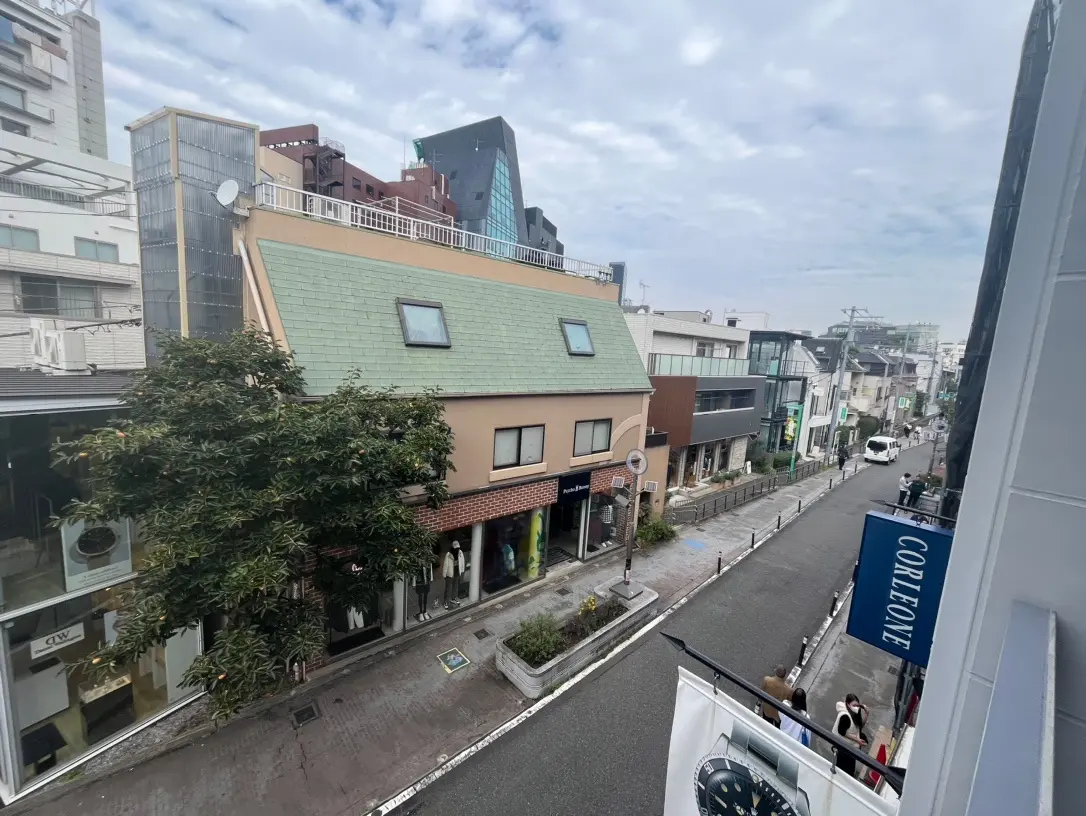 日本の都会の風景、緑の屋根の建物と狭い通り、歩行者と店舗が見える街並み