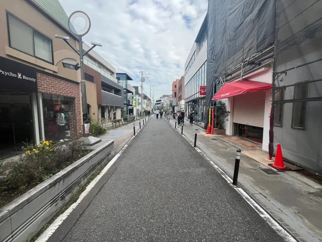 日本の都市部にある商店街の風景、曇天の下で人々が歩道を歩いている姿、独特の街灯と幾つかの店舗が見える