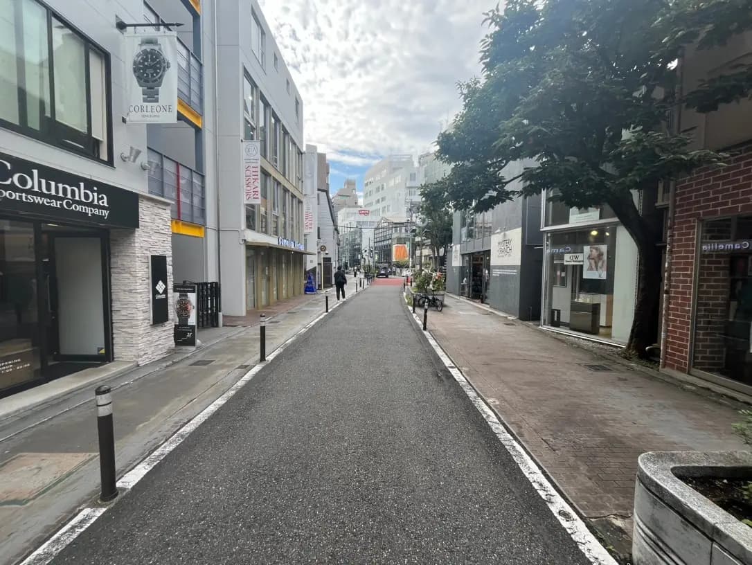 静かなショッピングストリート、植木や歩道があり、現代的な店舗のファサードが並ぶ都市風景