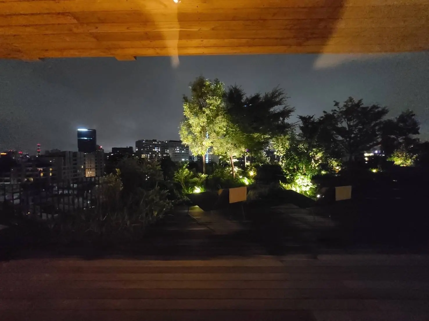 都会の夜景と照明が灯る屋上ガーデン、木製デッキと植栽が配されたリラックス空間