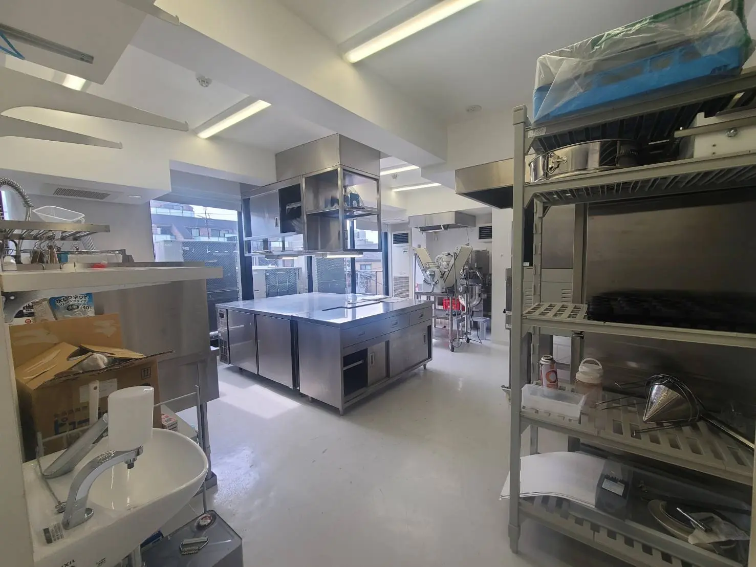 広々としたプロフェッショナルな厨房、ステンレス製の設備と清潔感溢れる作業スペース
