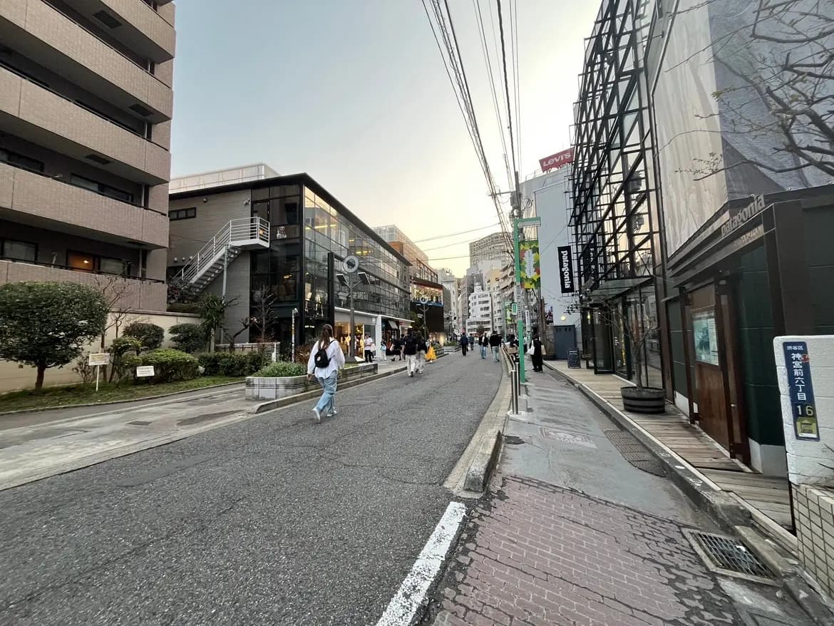 都会のショッピング街、歩行者が歩く歩道とファッション店舗のファサードが見える風景