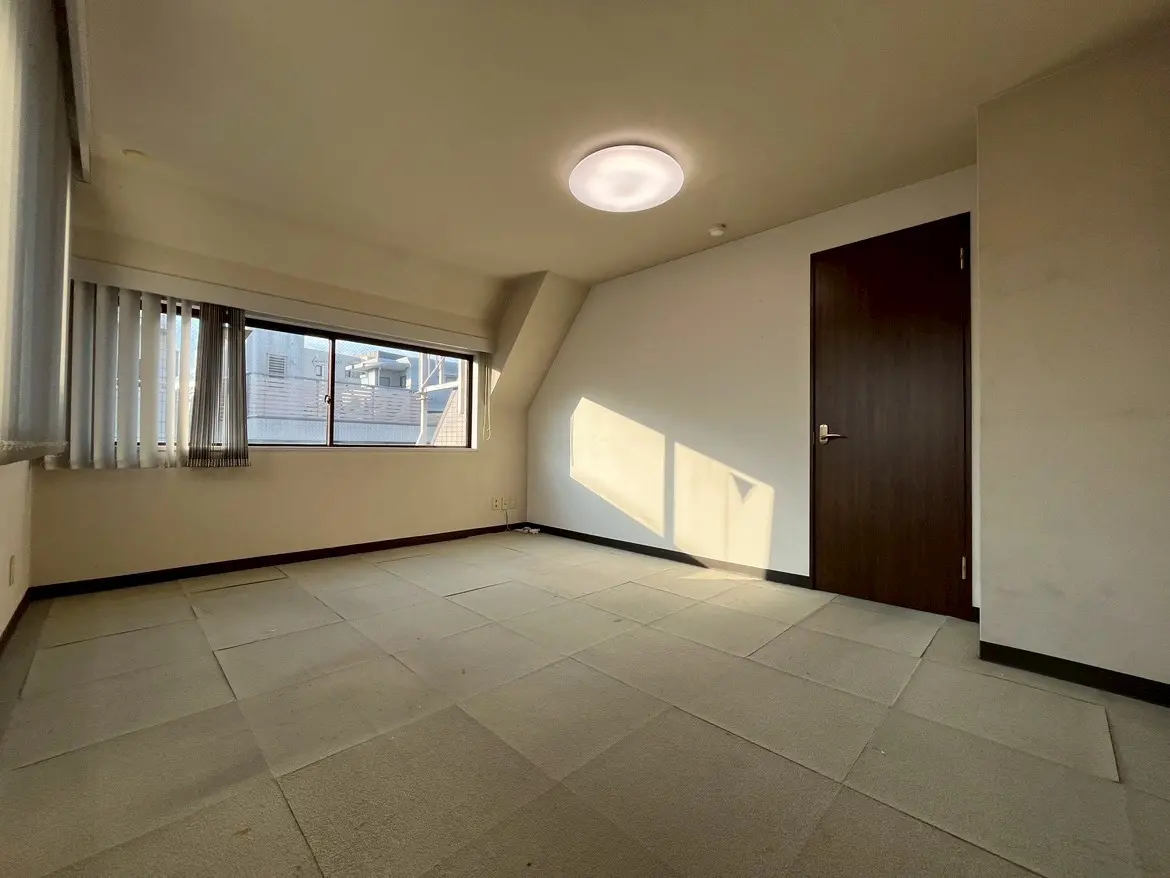 - 自然光が差し込む明るい空間のある部屋、窓際にカーテン、シンプルなインテリアとダークウッドのドアが特徴的な室内の様子