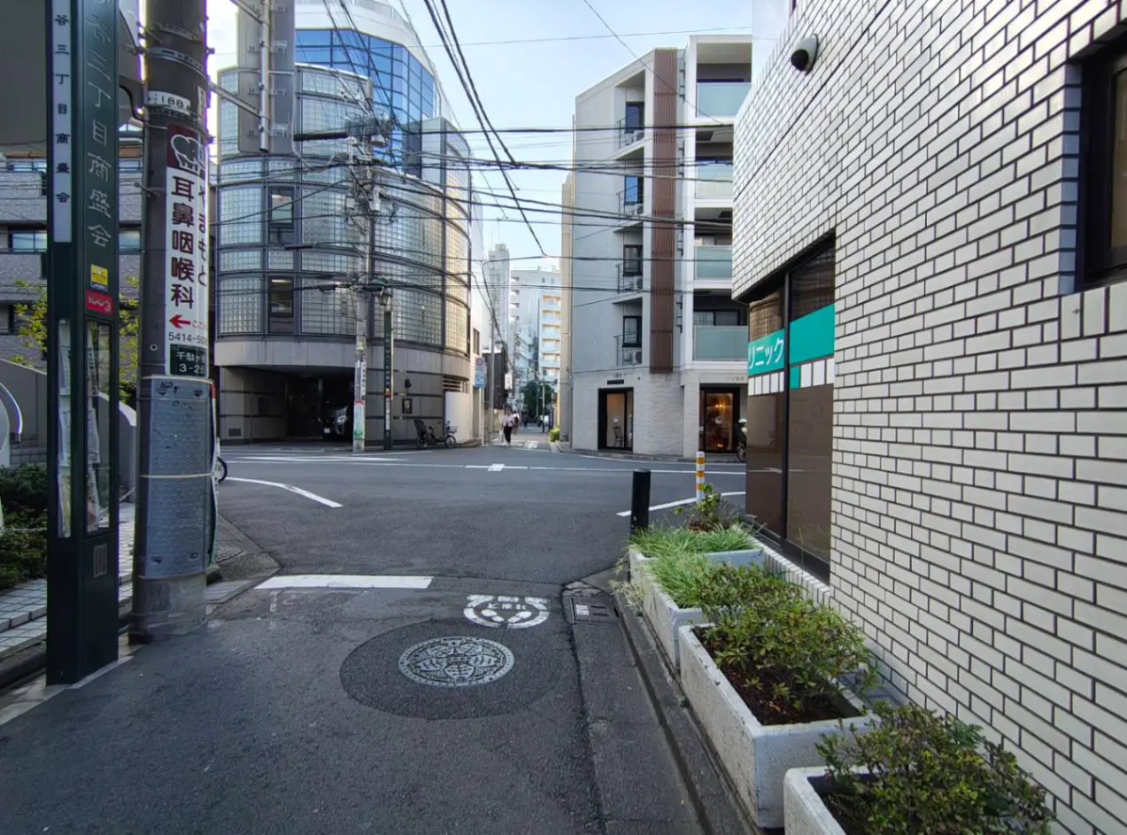 - 都市の交差点の風景、近代的なビルと商業施設、草花の植栽が施された歩道が広がる街の様子