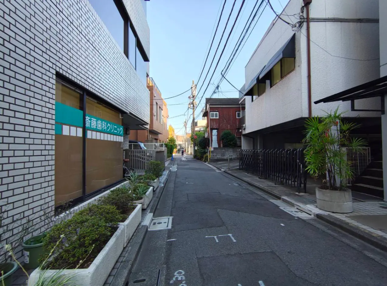- 住宅街の静かな通り、茶色の家とクリニックの外観、歩道に植えられた小さな植物と青空