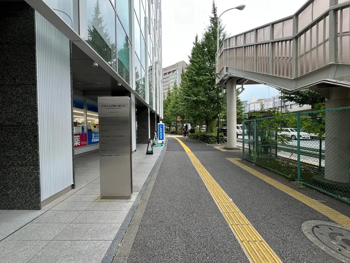 - 近代的なビルの入口と歩道、側道には街路樹と信号機、近くにある高架歩道橋の風景