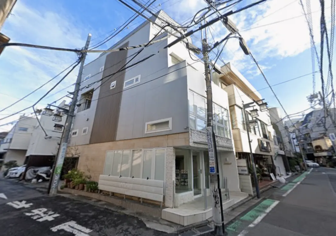 - 近代的なデザインの建物、窓が多く明るい外観、街中の風景と電線が交錯する通りの様子