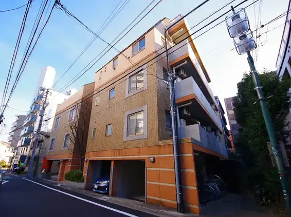 - 都会的なアパートメントビルの外観、隣接する道路と電信柱、周囲の緑が見える外観写真
