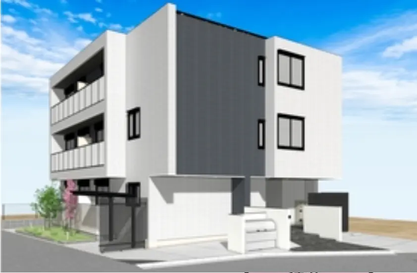 - 現代的なデザインの三階建て住宅、グレーと白の外壁、バルコニー付きの窓と広々としたエントランスの外観。