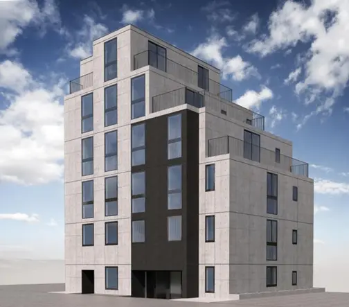 現代的なデザインのコンクリート造りの建物、複数の窓とバルコニーを備えた外観、青空を背景にした景観