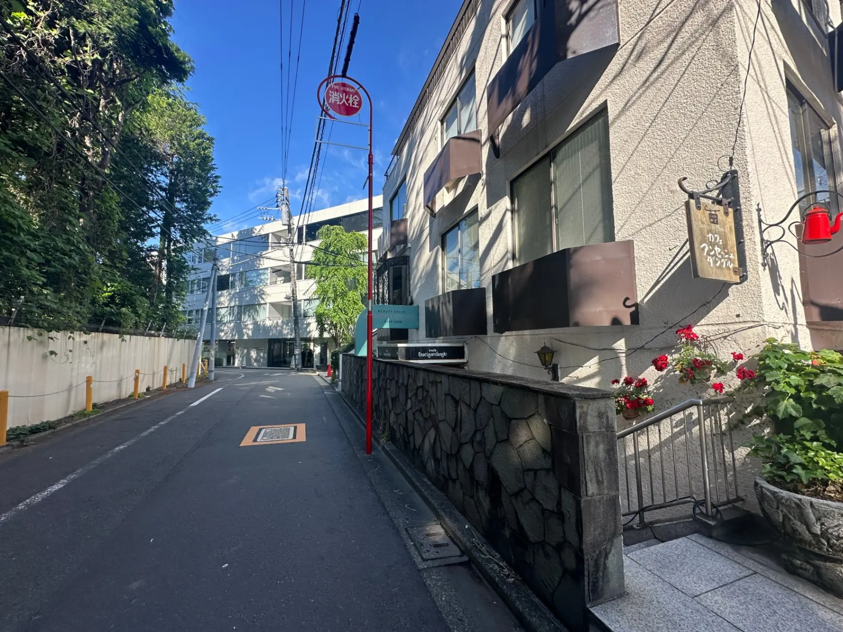 晴れた日の日本の住宅街、石垣と赤い花が印象的な歩道、街灯と電気の配線が見える静かな道路