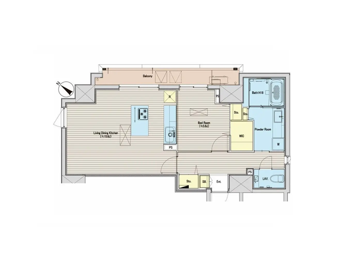 明確な間取り図、リビングダイニングキッチン、バルコニー、寝室、複数の収納スペースが特徴のマンションプラン