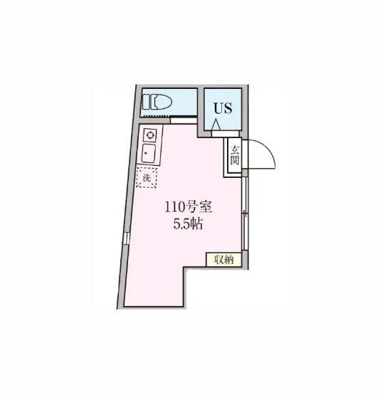 11帖の広さを持つ5.5畳の洋室と独立したユニットバスが備わった間取り図
