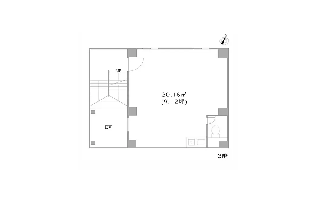 シンプルな間取り図、30.16平米の3階建て住宅プラン、階段とエレベーターの配置が示された設計図