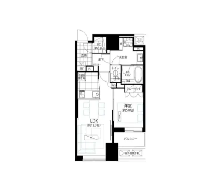 詳細な間取り図、LDKと洋室、バルコニーと浴室が確認できる建築設計図