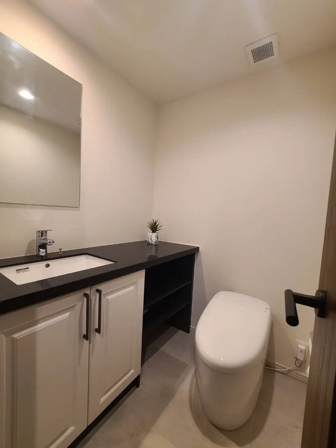 シンプルなデザインの洗面所、ミラー付き洗面台、トイレ、ナチュラルカラーのインテリア