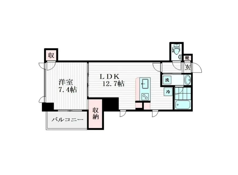 - 間取り図、LDKが12.7帖、洋室が7.4帖、バルコニーと収納スペースを含むシンプルな住宅のレイアウト