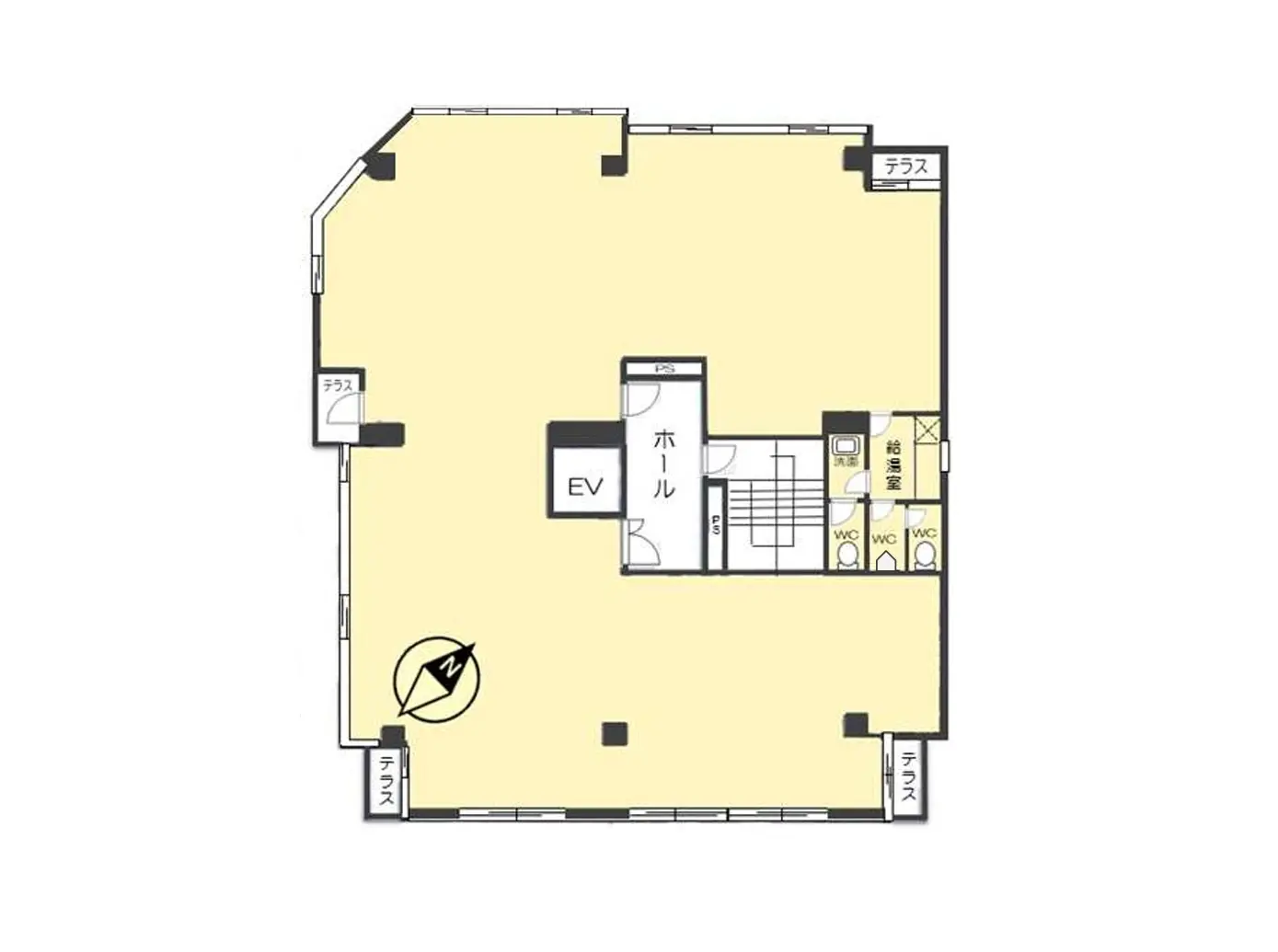 - 建物の平面図、エントランス、ホール、トイレ、テラス、結婚式場の配置が示されているレイアウト図