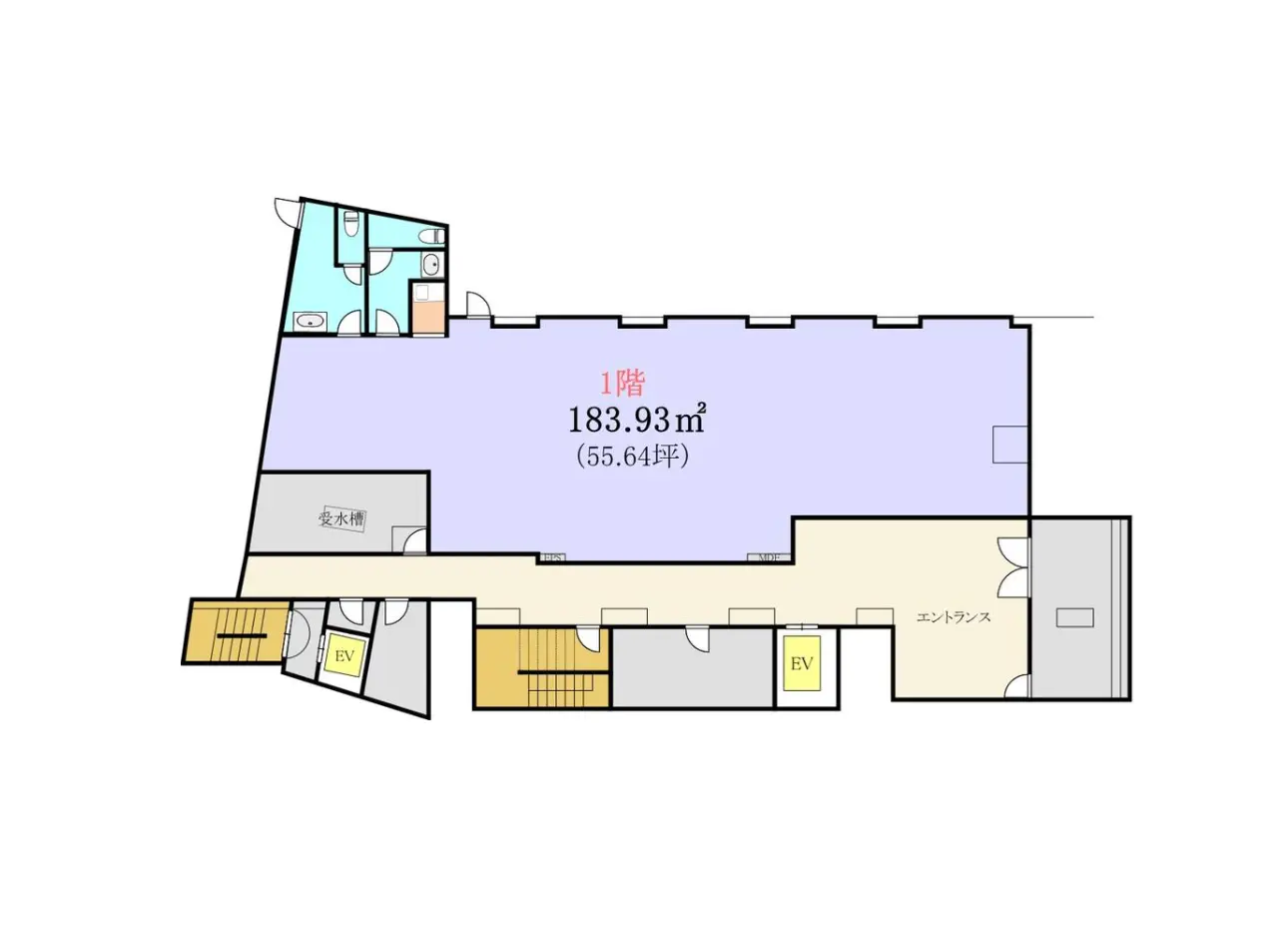 - 1階の間取り図、面積183.93㎡(55.64坪)、各部屋の位置や設備を示す詳細なレイアウト