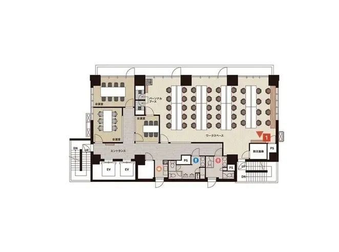 - オフィスのフロアプラン、会議室、ワークスペース、エントランスと通路を含む細部まで描かれたレイアウト図