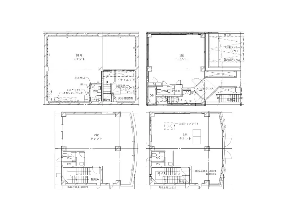 - 3階建ての賃貸物件の間取り図、各階に独立したテナントスペースが配置されている詳細な設計図。