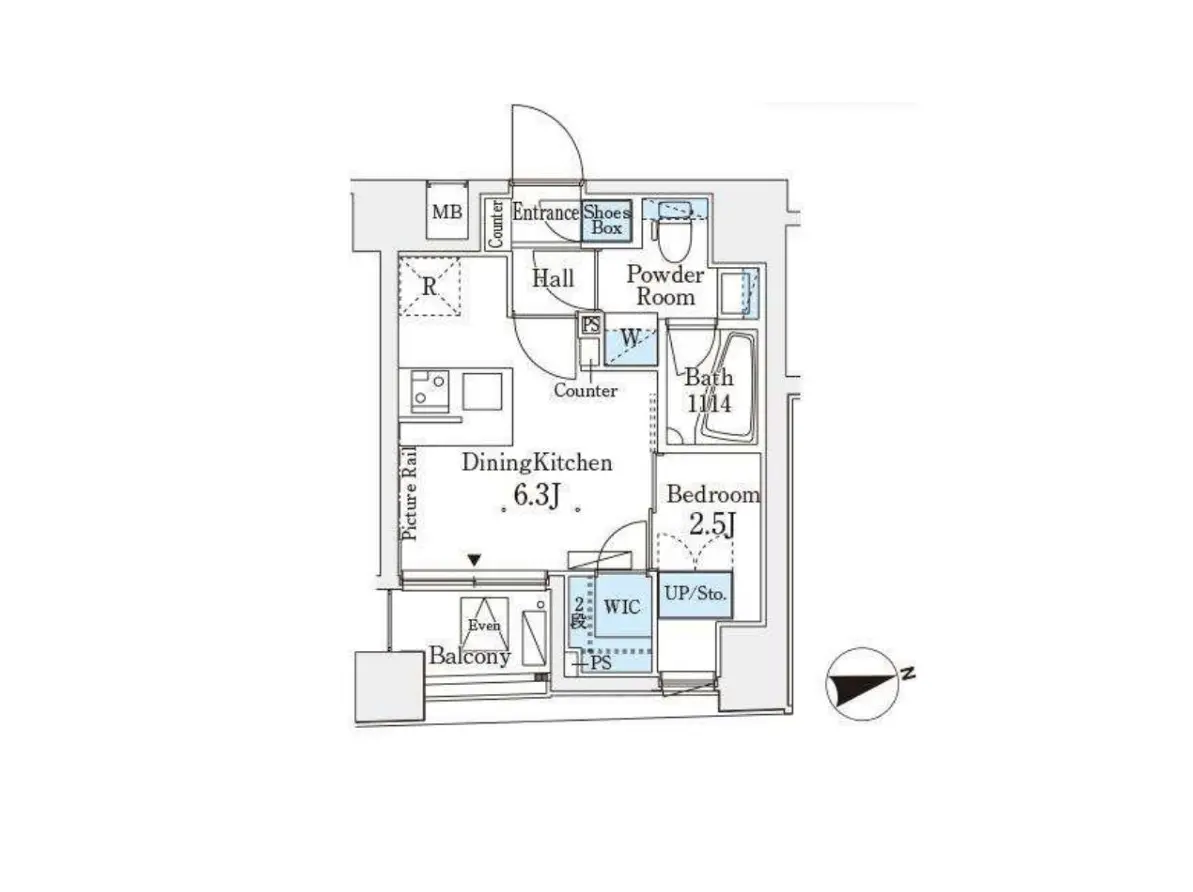 - コンパクトな間取り図、ダイニングキッチン、2つのベッドルーム、バスルーム、パウダールーム、バルコニーを含む設計