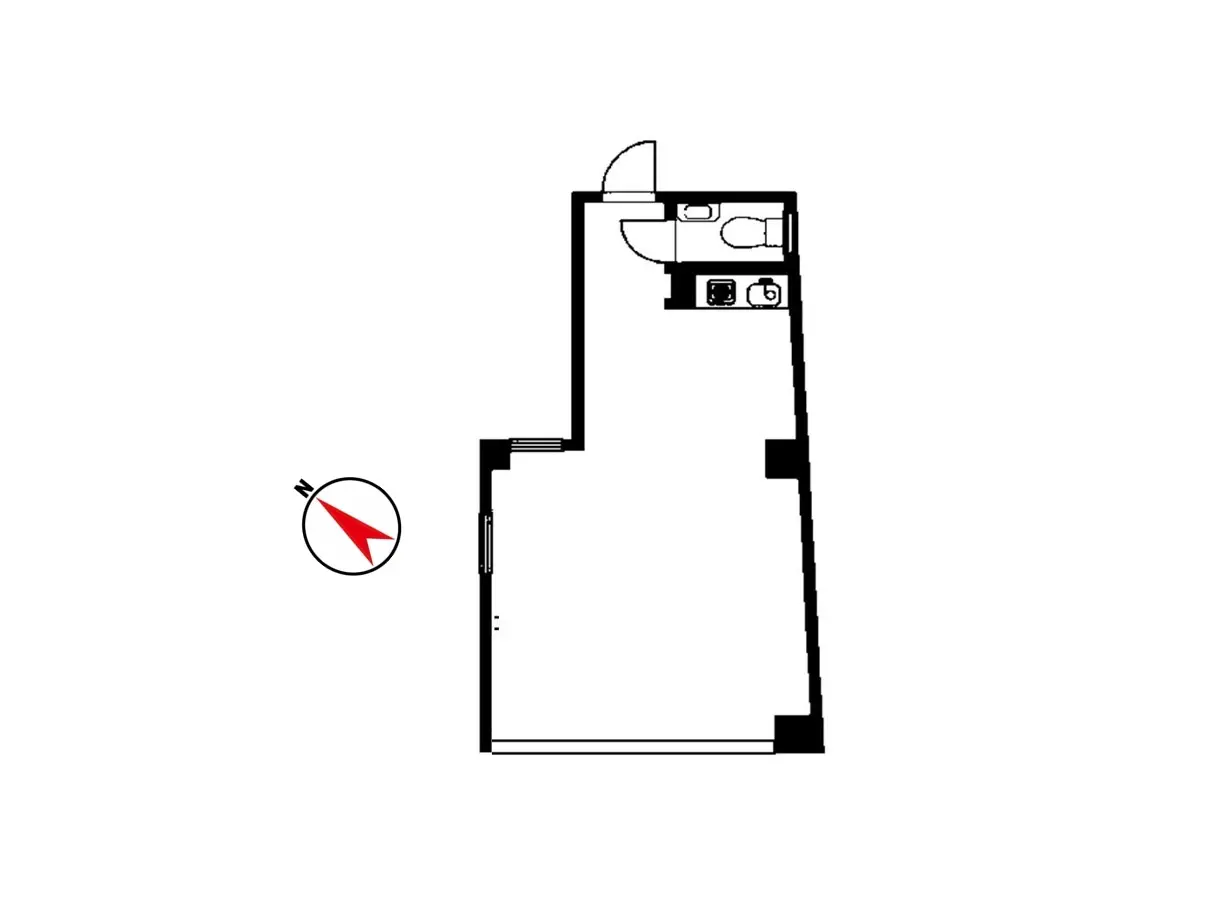 - シンプルな間取り図、トイレと洗面所を備えた一人暮らし向けの部屋レイアウト、方位を示すコンパス付き
