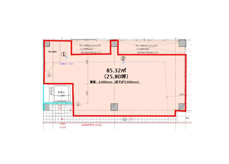 - 平面図、面積85.32㎡(25.80坪)、部屋の寸法と出入り口の詳細が記載された建物の設計図