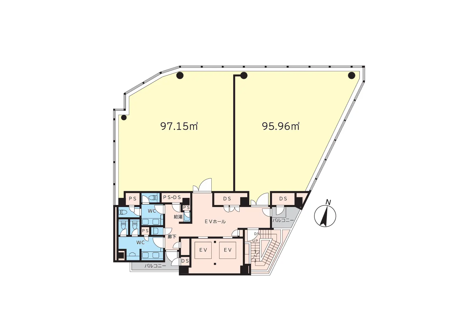 - 2つの部屋を示す間取り図、左側は97.15㎡、右側は95.96㎡の広さ、各部屋の名称と配置が表示された設計図