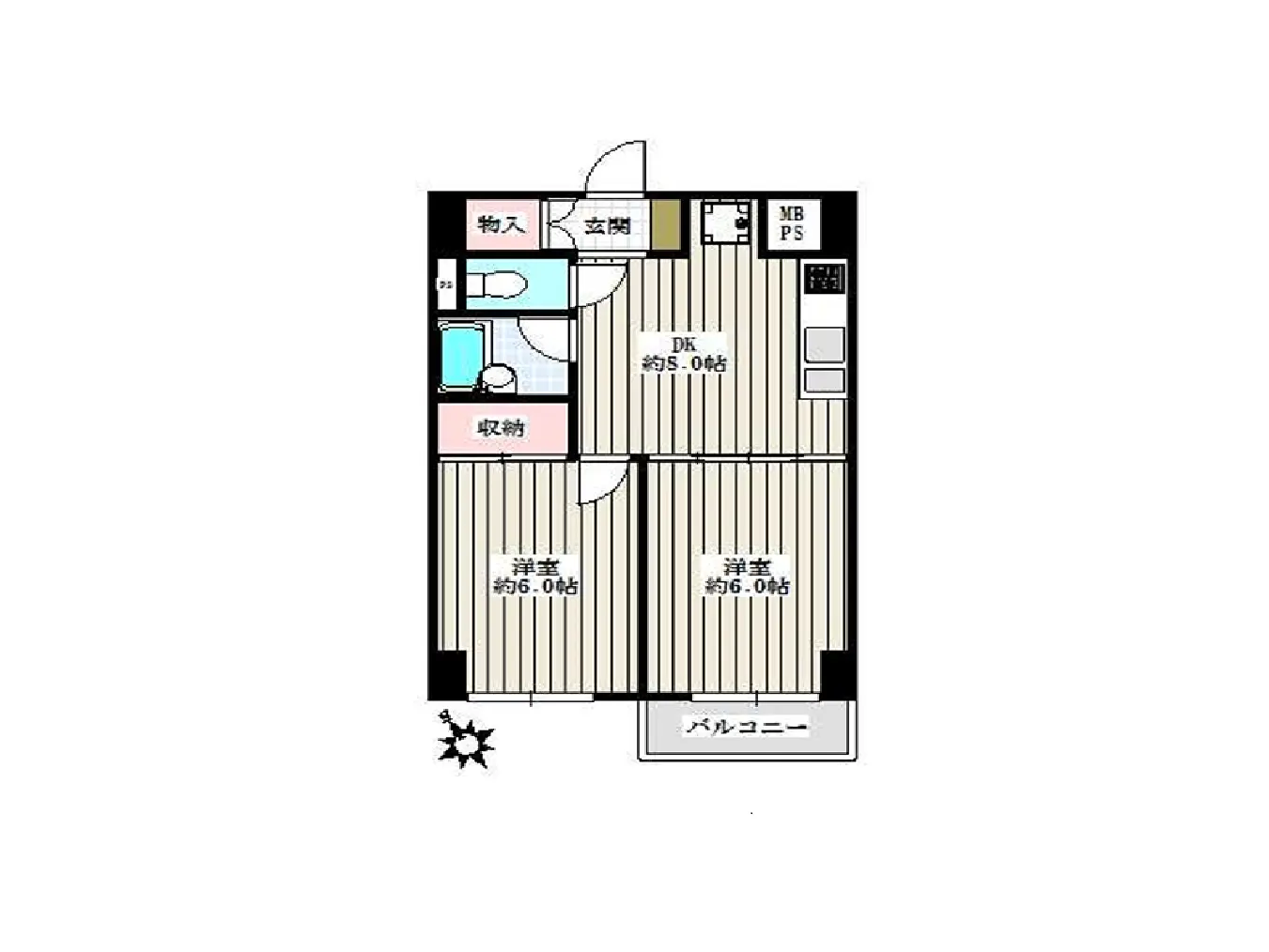 - 2LDKの間取り図、玄関、DK、洗面所、収納、バルコニーの配置を示す詳細なレイアウト