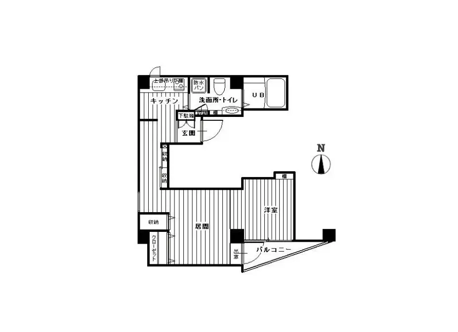 - キッチン、洗面所、トイレを含む住宅の間取り図、バルコニーと洋室に接続した開放的な空間配置