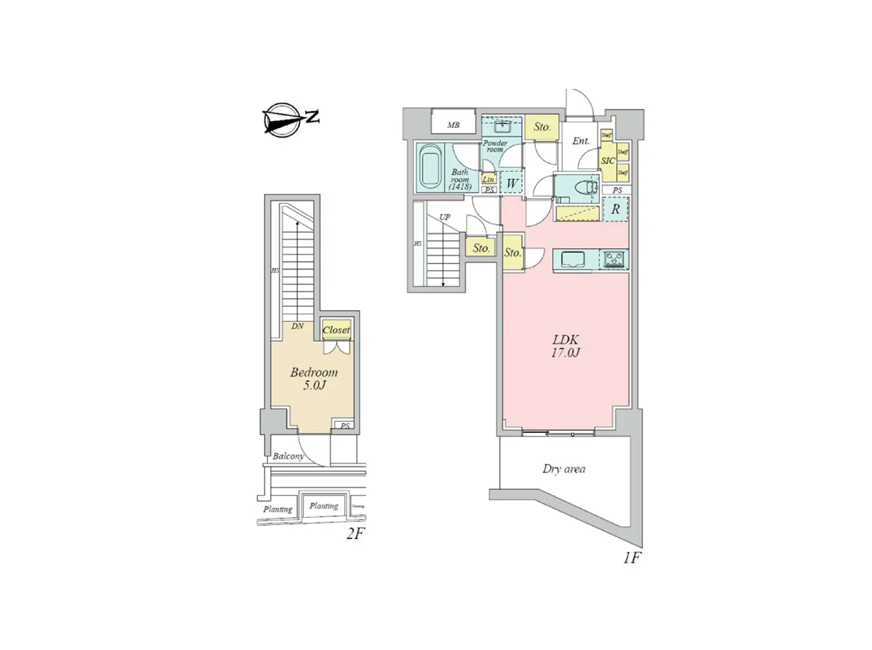 - 2階に位置する5畳のベッドルームとバルコニー、1階には17畳のLDKを含む間取り図、収納スペースや洗面所、バスルームが配置された住宅レイアウト