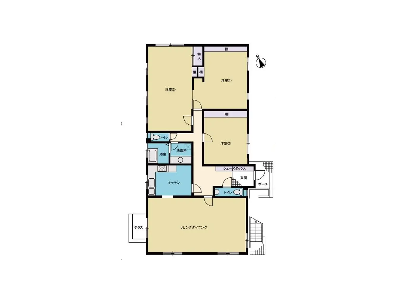 - フロアプラン、リビングダイニング、キッチン、洗面所、トイレ、洋室の配置が示された住宅の間取り図