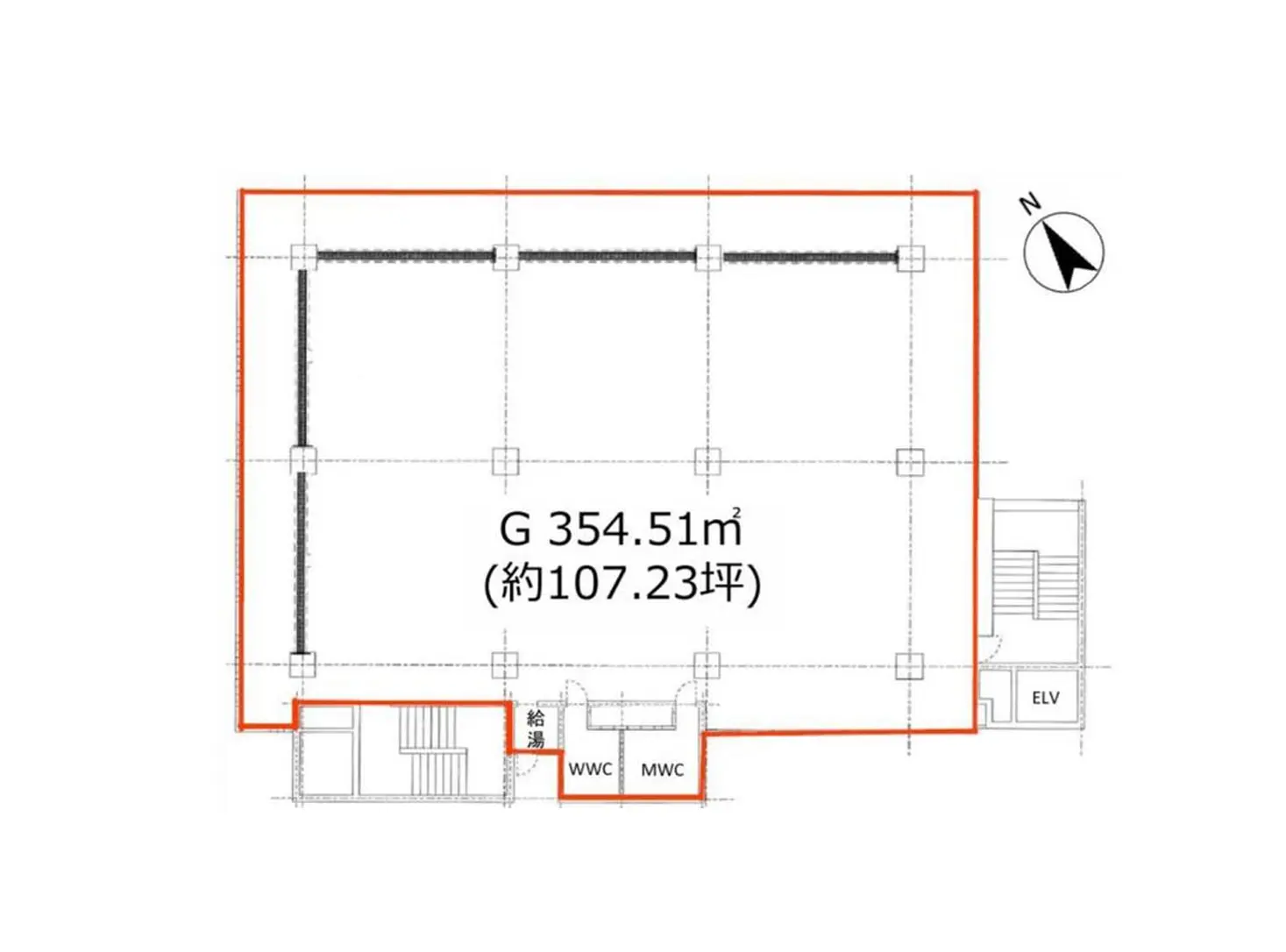 - 平面図、面積354.51㎡(約107.23坪)、入り口やトイレが表示されたレイアウト図