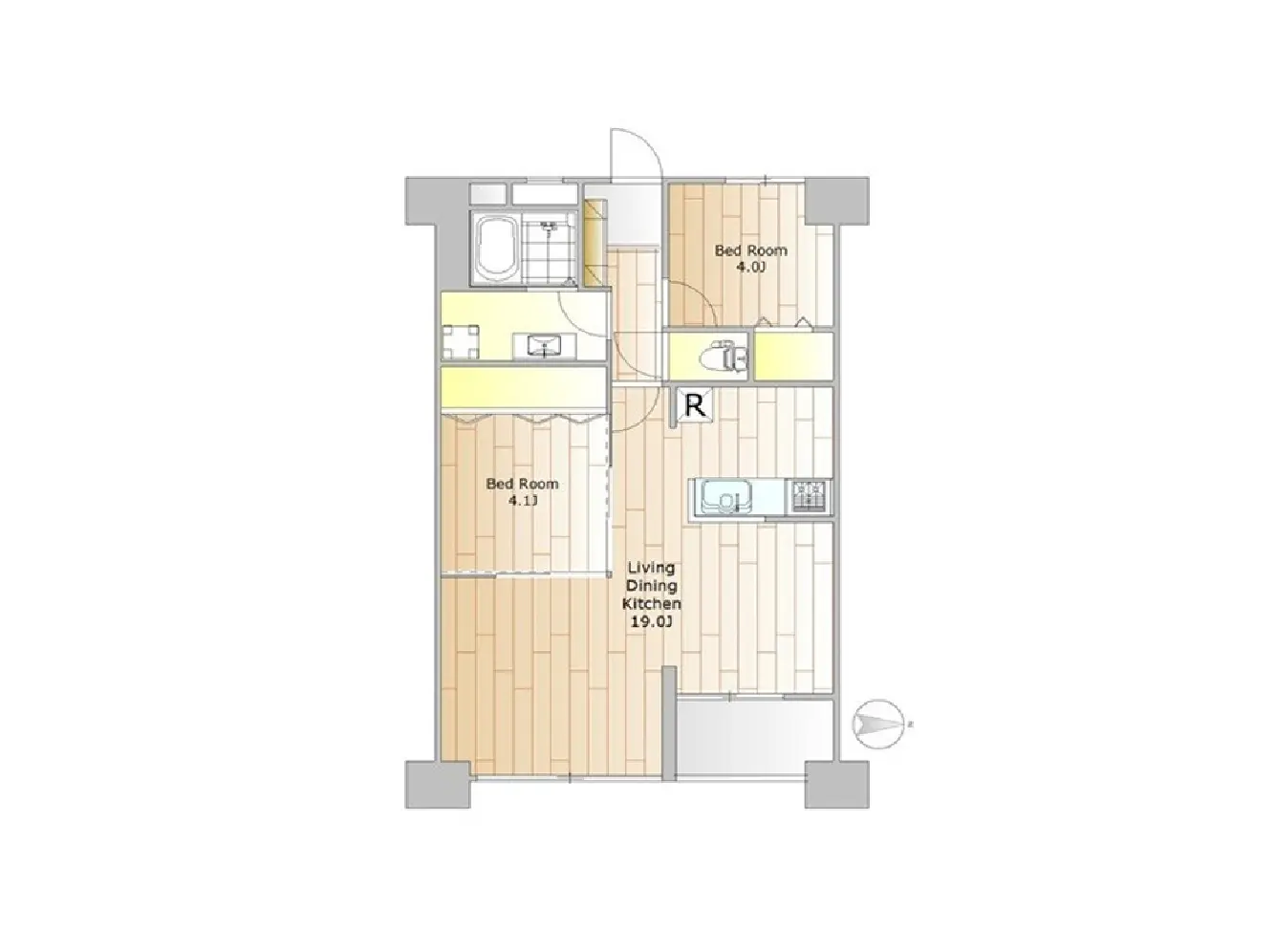 - 2LDKの間取り図、リビングダイニングキッチン19.0畳、各寝室のサイズが記載された平面図