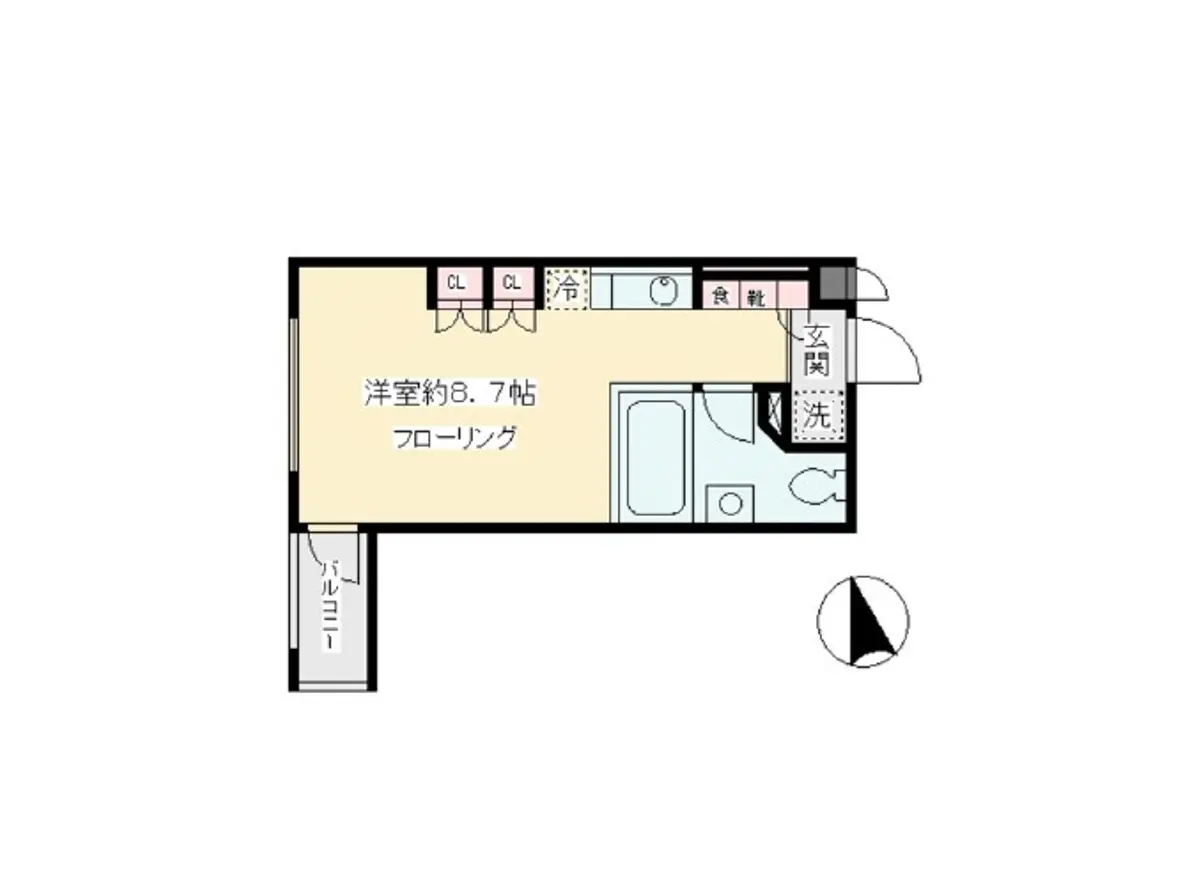 - 約8.7帖の洋室、フローリング、キッチンとバスルームを備えた間取り図のイラスト