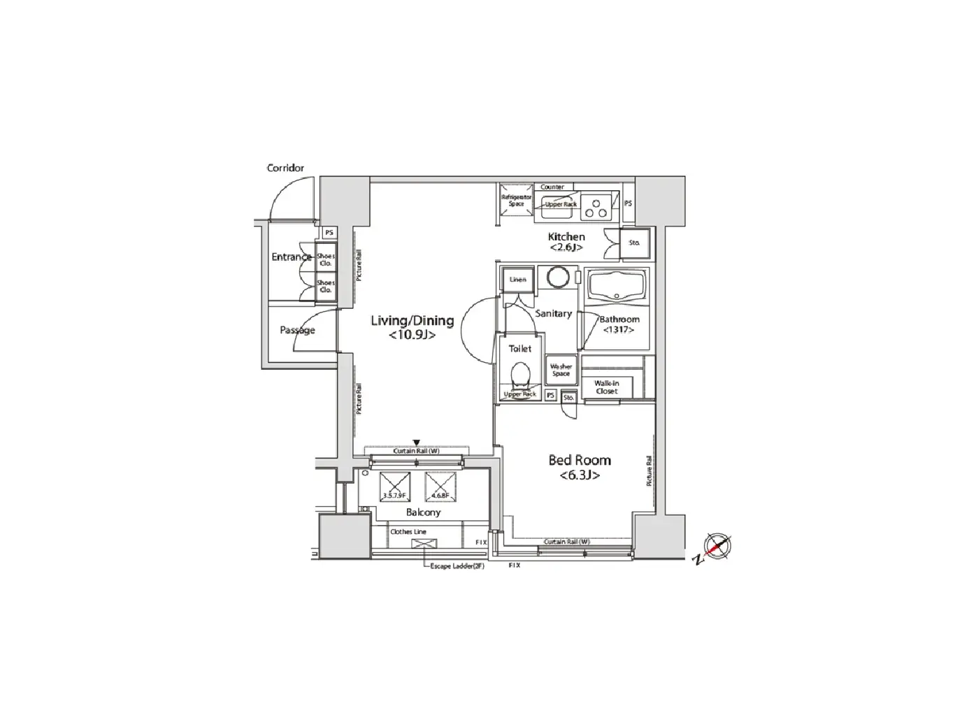 - モダンな間取り図、リビングダイニング、キッチン、寝室、バルコニーを含む部屋の配置を示す図面
