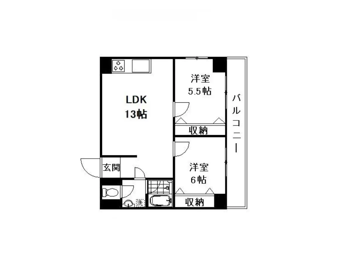 - LDK(リビング・ダイニング・キッチン)13帖と3つの洋室(5.5帖、6帖)、収納スペース、バルコニー付きの間取り図