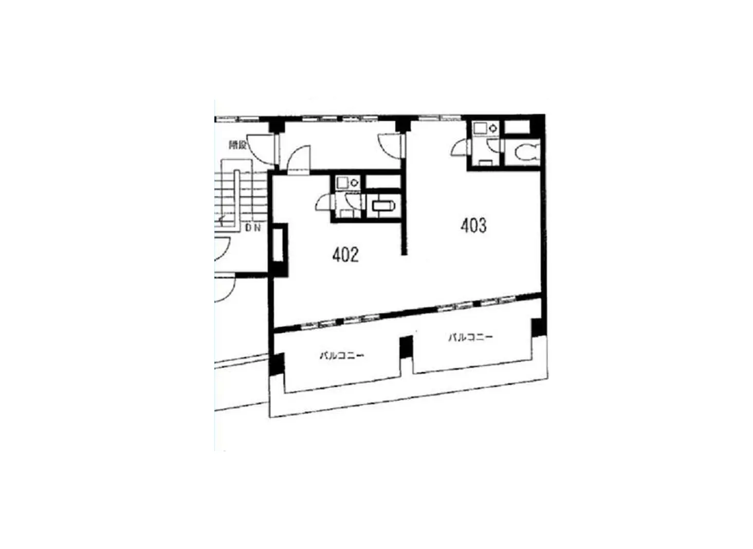 - 2LDKの間取り図、402号室と403号室、バルコニー付きの配置と設備の詳細が示された平面図