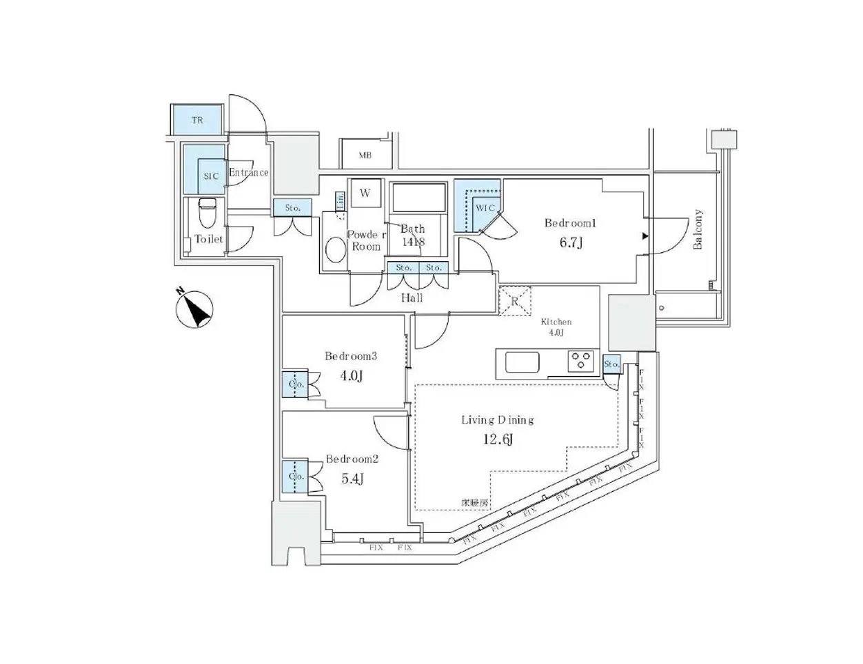 - 3LDKの間取り図、リビングダイニング、キッチン、各寝室、バスルーム、トイレを含む詳細なレイアウト