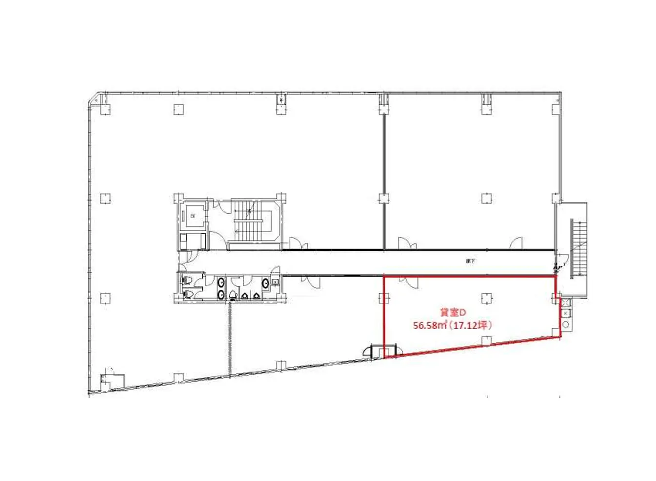 - 賃貸物件の間取り図、部屋Dのサイズは56.58㎡(17.12坪)、周囲の部屋や設備が示された平面図
