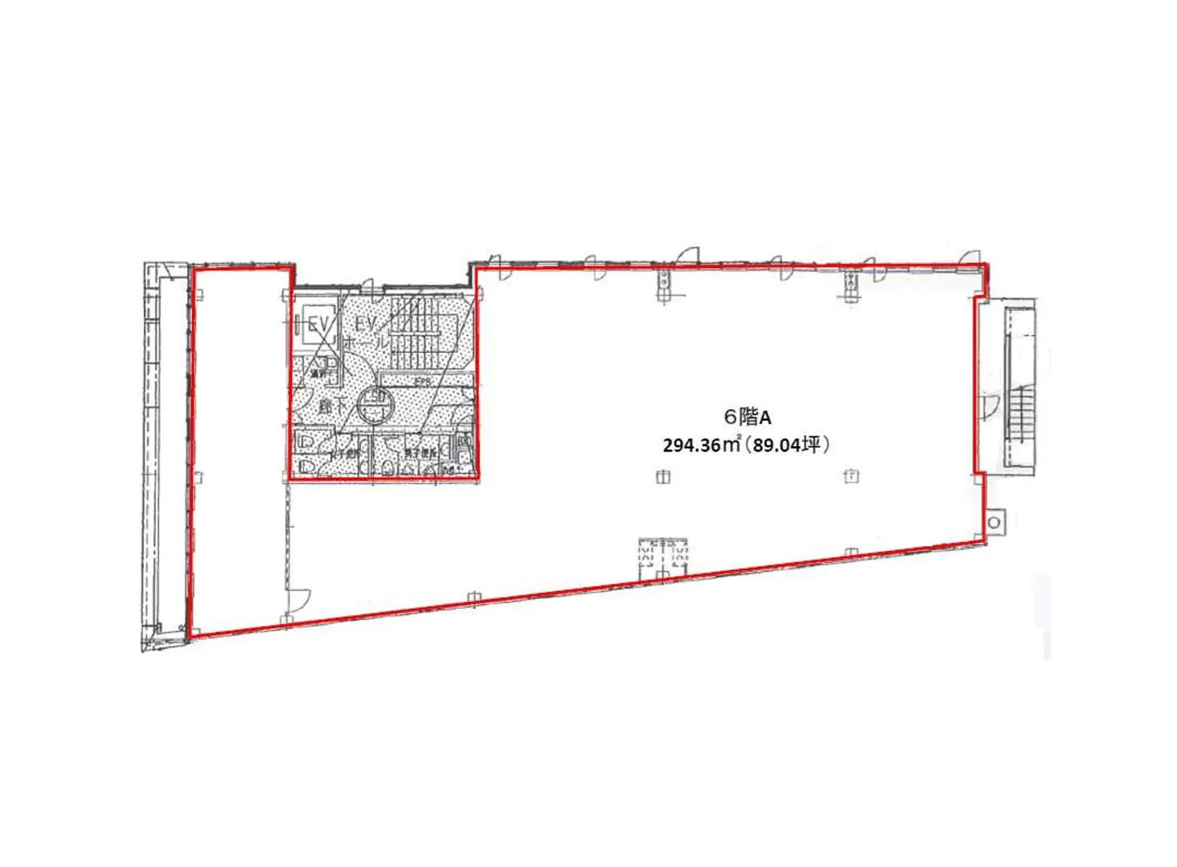- 6階Aフロアのレイアウト図、294.36㎡(89.04坪)の間取り、赤い線で囲まれた空間の詳細な設計図