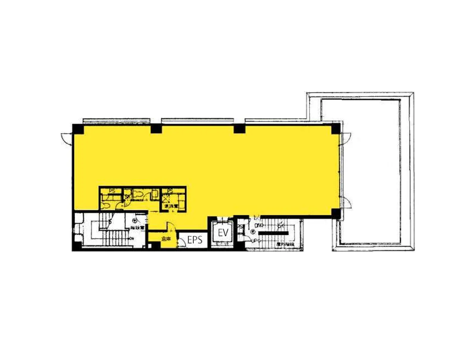 - 明るいカラーで示された間取り図、広いリビングルーム、ダイニングスペース、キッチンが配置された設計図