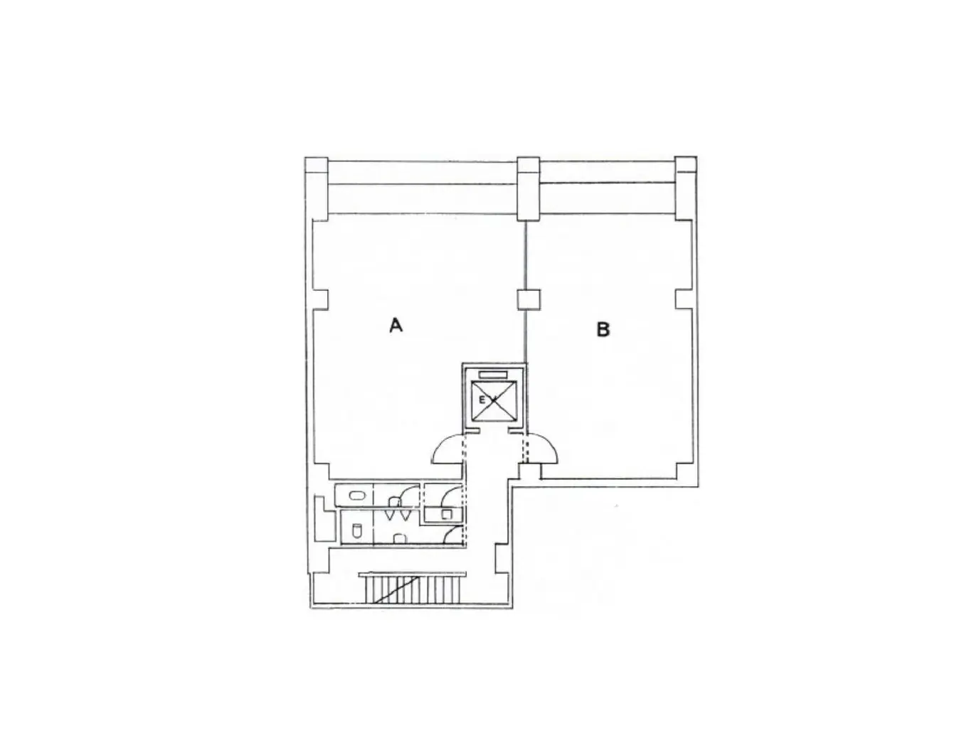 - キッチンとリビングスペースを含む間取り図、部屋AとBに分かれた広々としたレイアウト