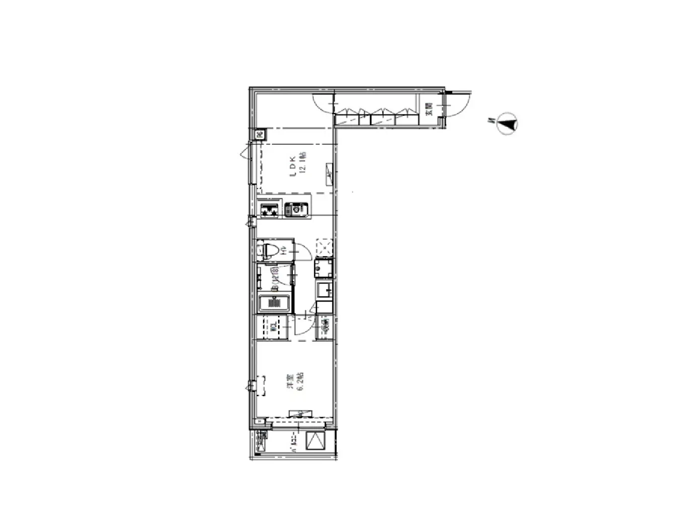 - シンプルで機能的な間取り図、リビングダイニングキッチン(LDK)と寝室、バスルーム、トイレの配置が示された住宅設計図