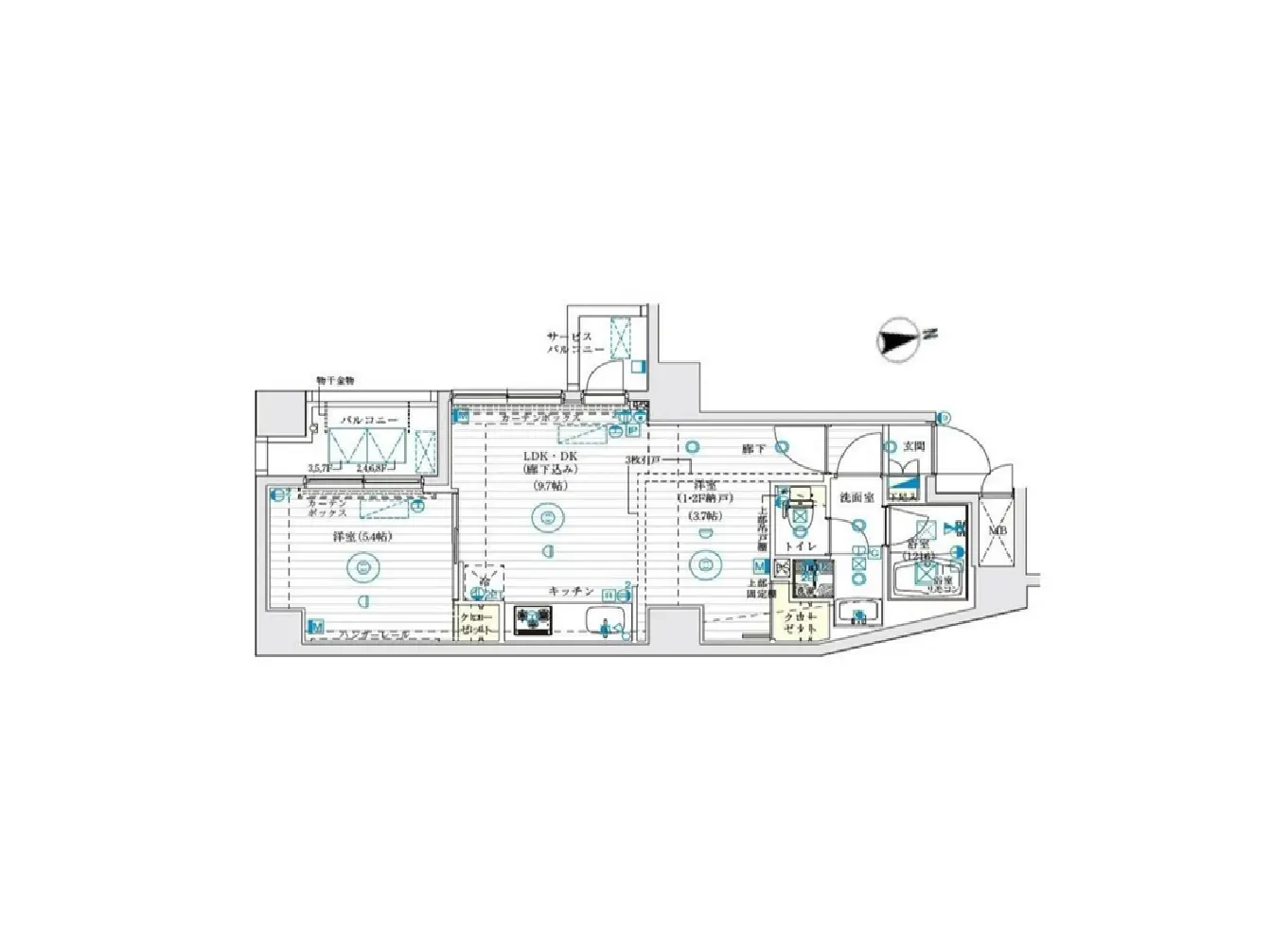 - 住居の間取り図、LDK、キッチン、トイレ、浴室、寝室、バルコニーの配置が示された平面図