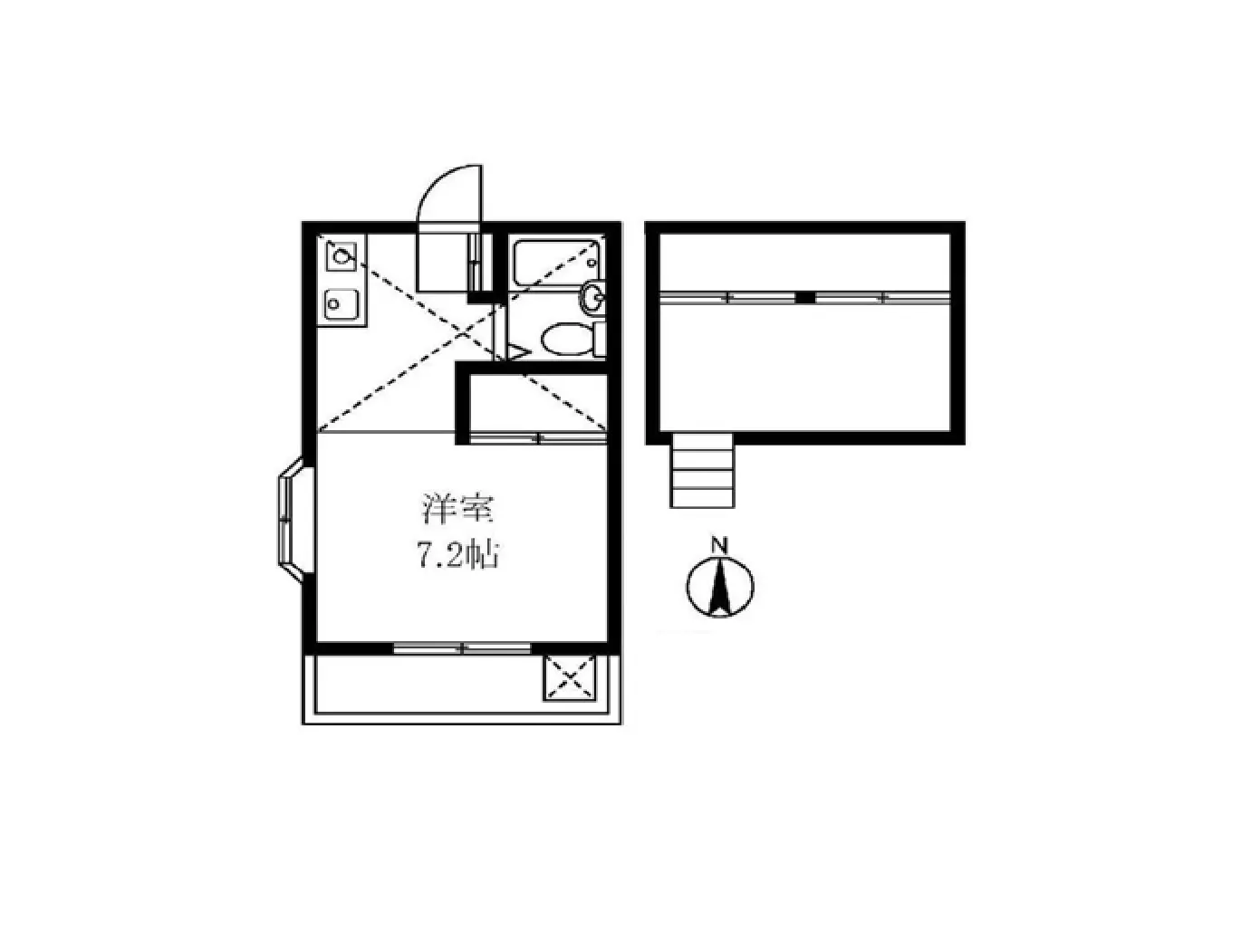 - 7.2帖の洋室を含む住宅の間取り図、隣接する浴室とトイレ、方位記号付きのレイアウト