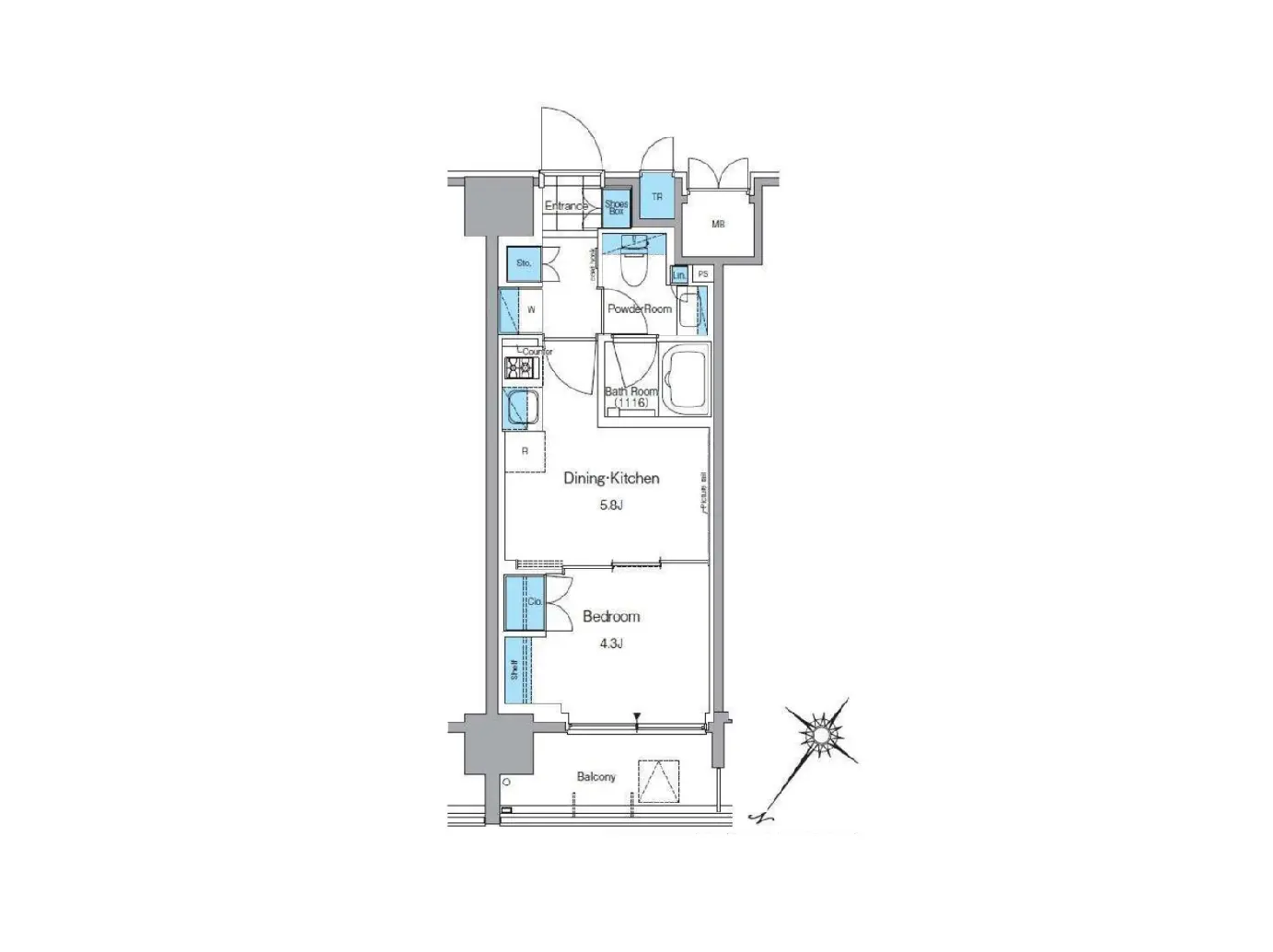 - 一人暮らし向けの間取り図、ダイニング・キッチン、寝室、バスルーム、トイレ、バルコニーを含む設計図