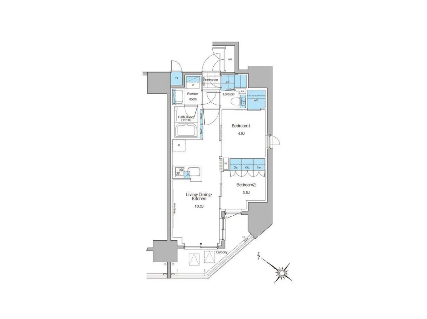 - 2LDKの間取り図、リビング・ダイニング・キッチン10.0畳、各寝室の広さや洗面所・バスルームも含む詳細な配置図