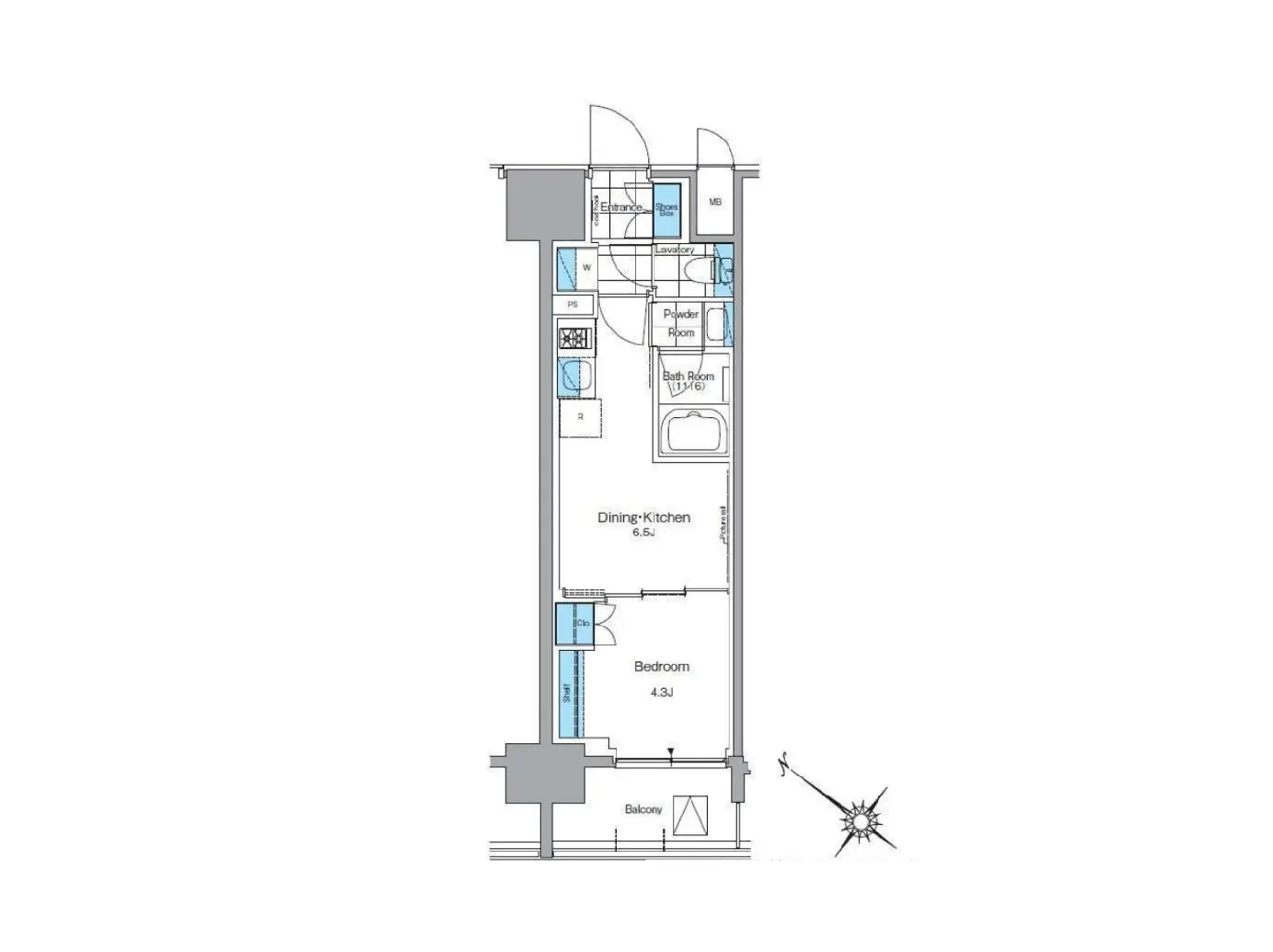 - コンパクトな間取りの住宅図面、ダイニングキッチン、ベッドルーム、バスルーム、洗面所を含む設計図